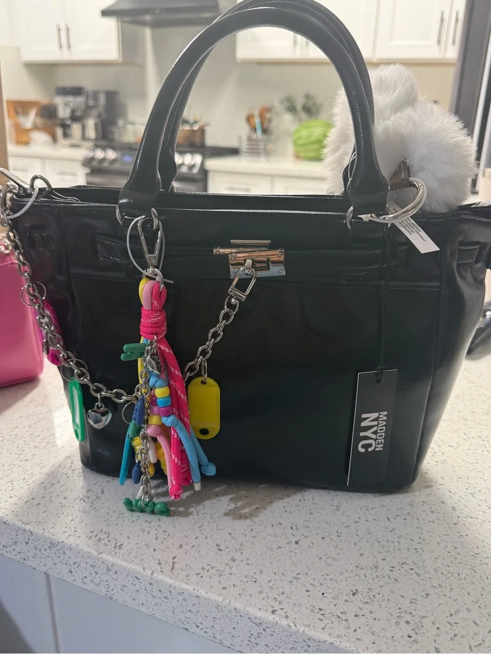 Madden NYC Black Satchel with Colorful Charm Accents